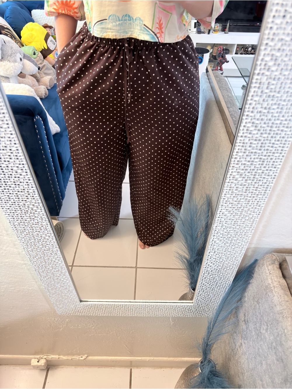 Polka Dot Drawstring Lounge Pants - Mauve with White Dots